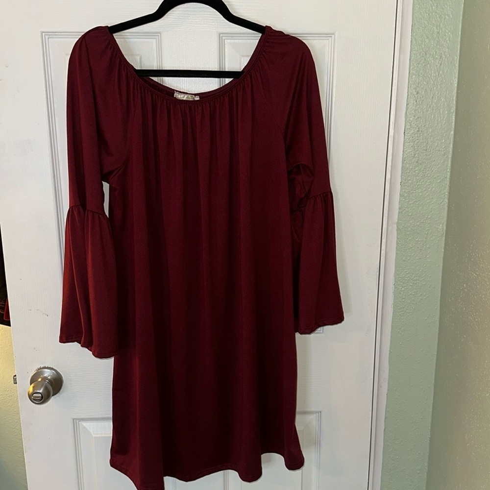 LA Gypsy Long Bell Sleeve Bohemian Dress Burgundy in Color